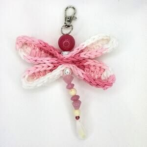 Crochet Dragonfly Bag Charm Hand Crafted Vintage Beaded Purse Keychain Pink NEW